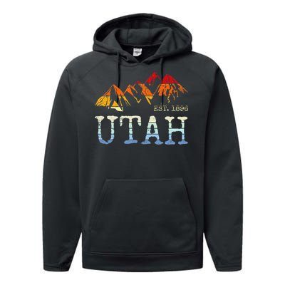 Utah Retro Sunset Vintage Mountain Home Est 1896 Cool Hiking Performance Fleece Hoodie