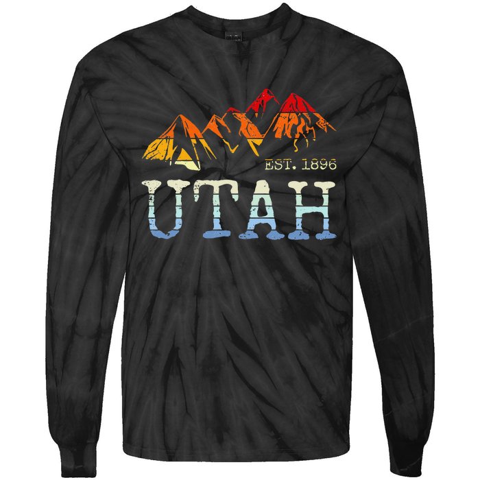 Utah Retro Sunset Vintage Mountain Home Est 1896 Cool Hiking Tie-Dye Long Sleeve Shirt