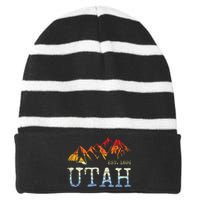 Utah Retro Sunset Vintage Mountain Home Est 1896 Cool Hiking Striped Beanie with Solid Band