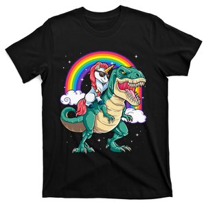 Unicorn Riding T rex Dinosaur  Rainbow T-Shirt