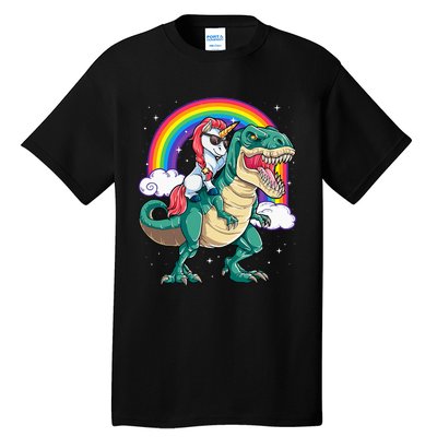 Unicorn Riding T rex Dinosaur  Rainbow Tall T-Shirt