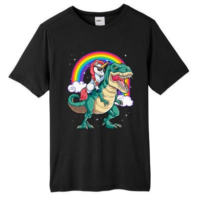 Unicorn Riding T rex Dinosaur  Rainbow Tall Fusion ChromaSoft Performance T-Shirt