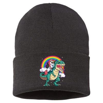 Unicorn Riding T rex Dinosaur  Rainbow Sustainable Knit Beanie