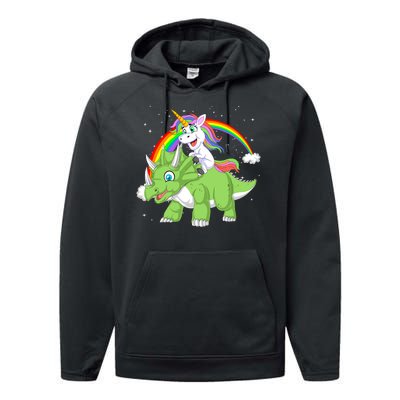 Unicorn Riding Triceratops Dinosaur Performance Fleece Hoodie