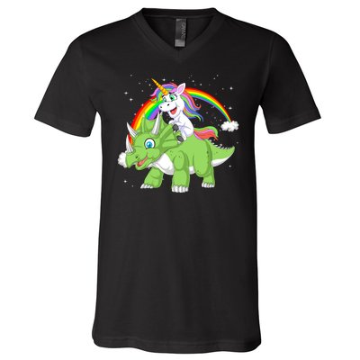 Unicorn Riding Triceratops Dinosaur V-Neck T-Shirt