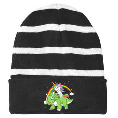 Unicorn Riding Triceratops Dinosaur Striped Beanie with Solid Band