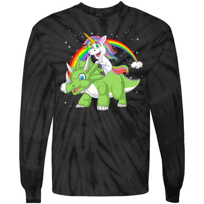 Unicorn Riding Triceratops Dinosaur Tie-Dye Long Sleeve Shirt