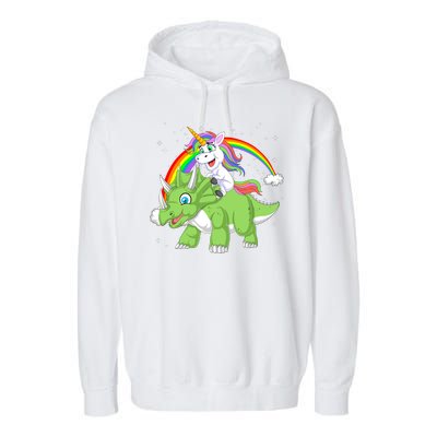 Unicorn Riding Triceratops Dinosaur Garment-Dyed Fleece Hoodie