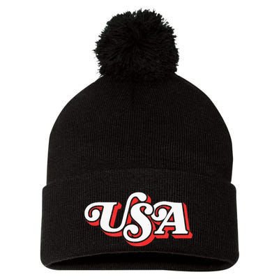 Usa Retro Typography Patriotic Pom Pom 12in Knit Beanie