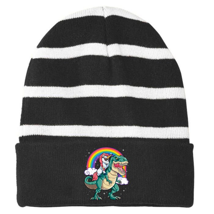 Unicorn Riding T Rex Dinosaur Rainbow Tank Top Striped Beanie with Solid Band