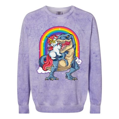 Unicorn Riding T Rex Dinosaur Rainbow Colorblast Crewneck Sweatshirt