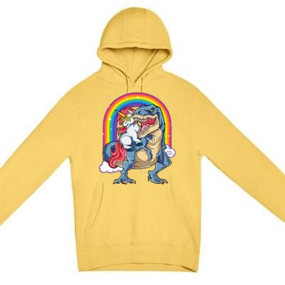 Unicorn Riding T Rex Dinosaur Rainbow Premium Pullover Hoodie