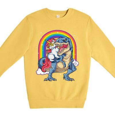 Unicorn Riding T Rex Dinosaur Rainbow Premium Crewneck Sweatshirt