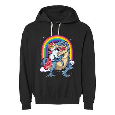 Unicorn Riding T Rex Dinosaur Rainbow Garment-Dyed Fleece Hoodie