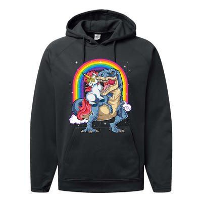 Unicorn Riding T Rex Dinosaur Rainbow Performance Fleece Hoodie