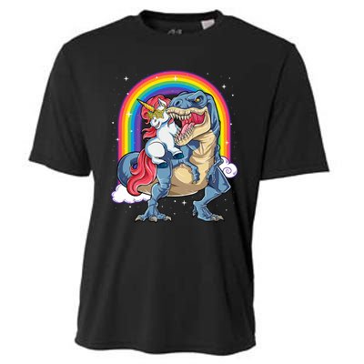 Unicorn Riding T Rex Dinosaur Rainbow Cooling Performance Crew T-Shirt