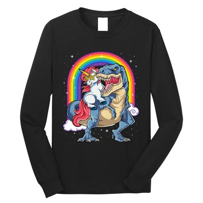 Unicorn Riding T Rex Dinosaur Rainbow Long Sleeve Shirt