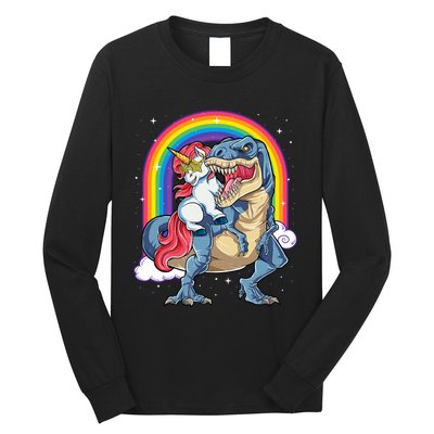 Unicorn Riding T Rex Dinosaur Rainbow Long Sleeve Shirt