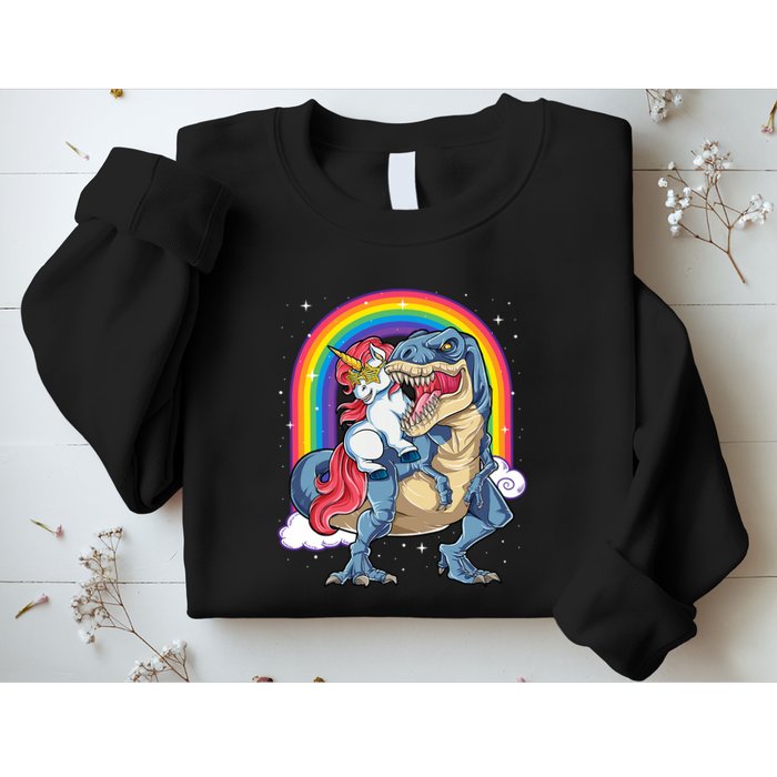 Unicorn Riding T Rex Dinosaur Rainbow Sweatshirt