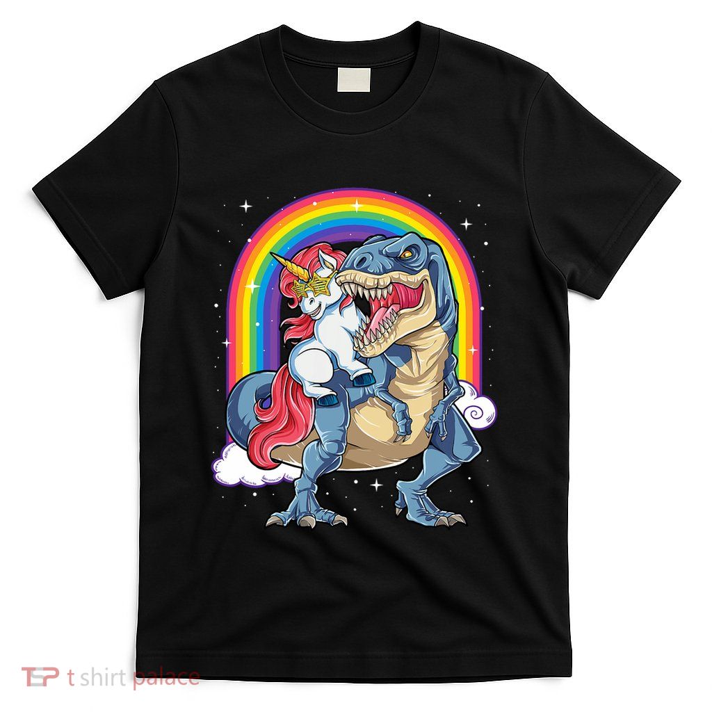 Unicorn Riding T Rex Dinosaur Rainbow T-Shirt