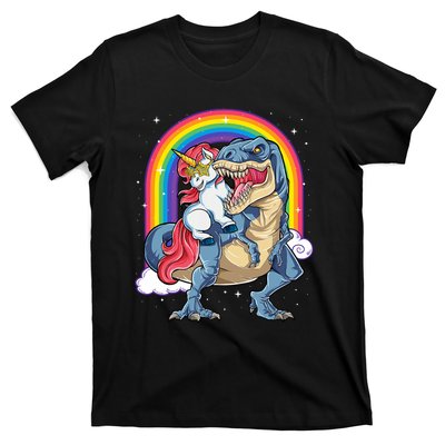 Unicorn Riding T Rex Dinosaur Rainbow T-Shirt