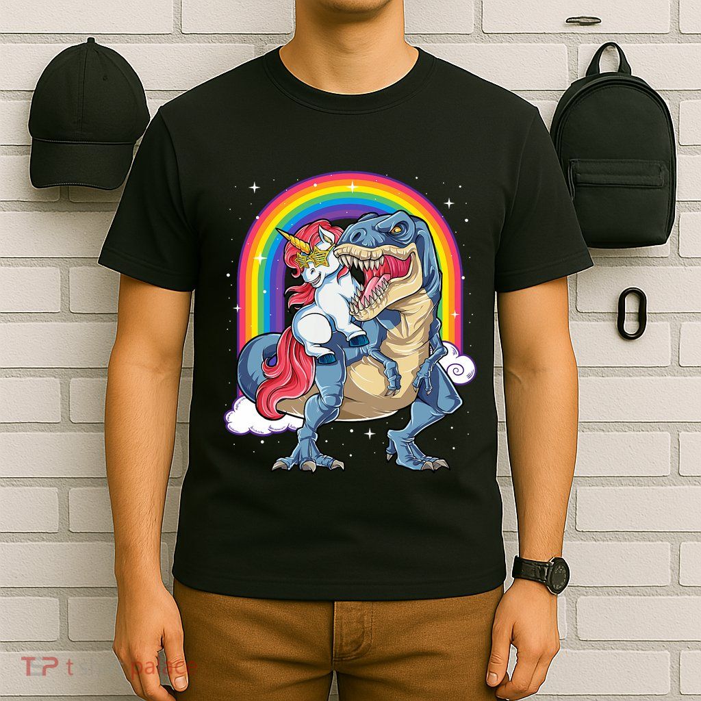 Unicorn Riding T Rex Dinosaur Rainbow T-Shirt