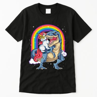 Unicorn Riding T Rex Dinosaur Rainbow Tall T-Shirt