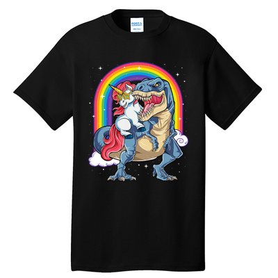 Unicorn Riding T Rex Dinosaur Rainbow Tall T-Shirt