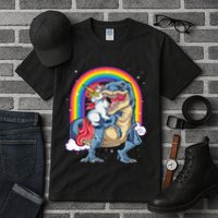 Unicorn Riding T Rex Dinosaur Rainbow Tall T-Shirt