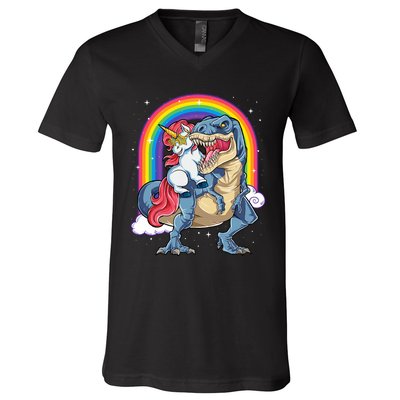 Unicorn Riding T Rex Dinosaur Rainbow V-Neck T-Shirt