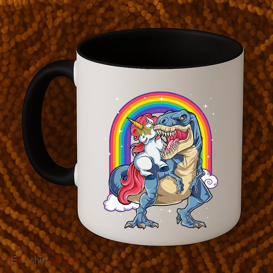 Unicorn Riding T Rex Dinosaur Rainbow Mug