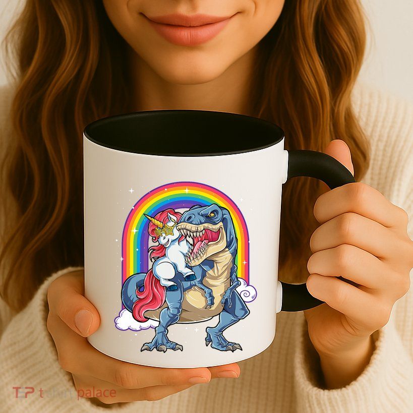 Unicorn Riding T Rex Dinosaur Rainbow Mug