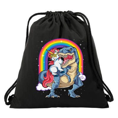 Unicorn Riding T Rex Dinosaur Rainbow Drawstring Bag
