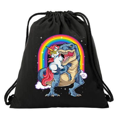 Unicorn Riding T Rex Dinosaur Rainbow Drawstring Bag