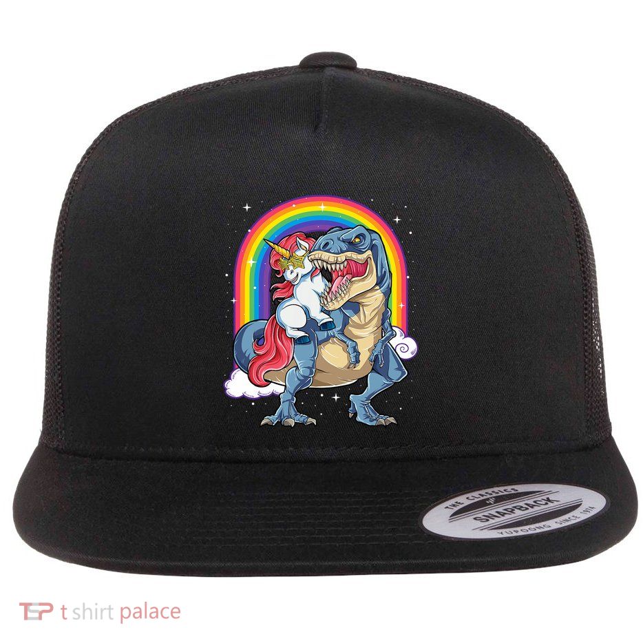 Unicorn Riding T Rex Dinosaur Rainbow Flatbill Hat