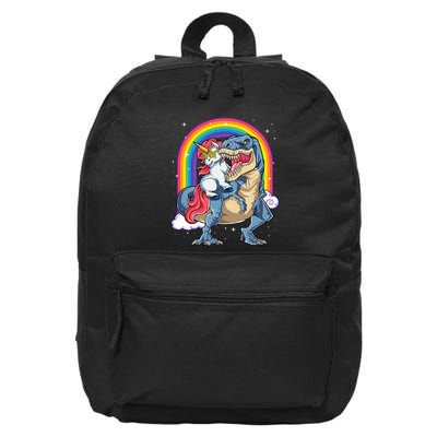 Unicorn Riding T Rex Dinosaur Rainbow 16 in Basic Backpack
