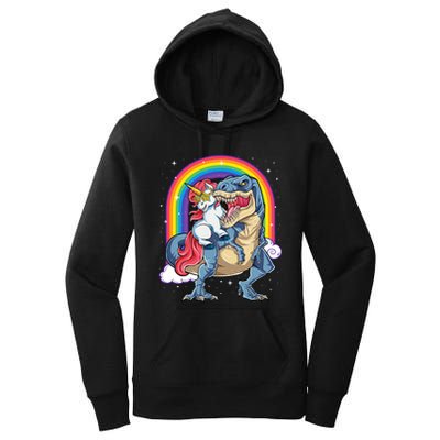 Unicorn Riding T Rex Dinosaur Rainbow Women's Pullover Hoodie