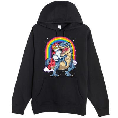 Unicorn Riding T Rex Dinosaur Rainbow Premium Pullover Hoodie