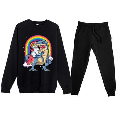 Unicorn Riding T Rex Dinosaur Rainbow Premium Crewneck Sweatsuit Set