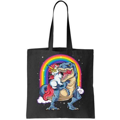 Unicorn Riding T Rex Dinosaur Rainbow Tote Bag