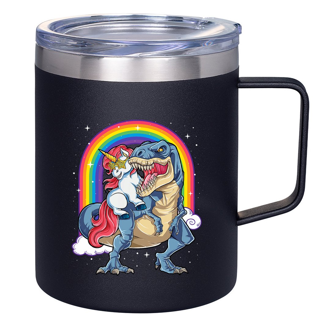 Unicorn Riding T Rex Dinosaur Rainbow 12oz Stainless Steel Coffee Mug