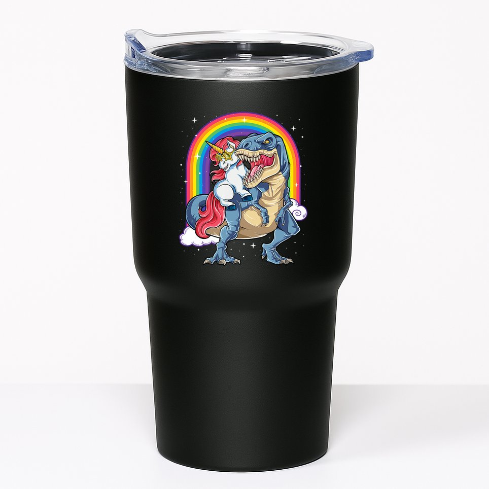 Unicorn Riding T Rex Dinosaur Rainbow Tumbler