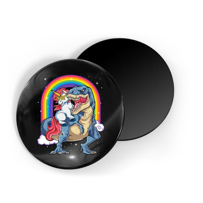 Unicorn Riding T Rex Dinosaur Rainbow Magnet