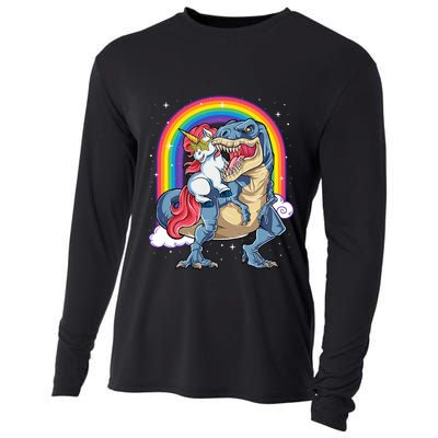 Unicorn Riding T Rex Dinosaur Rainbow Cooling Performance Long Sleeve Crew