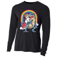 Unicorn Riding T Rex Dinosaur Rainbow Cooling Performance Long Sleeve Crew