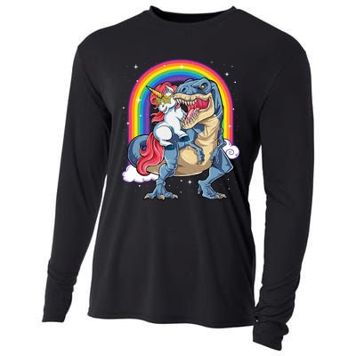 Unicorn Riding T Rex Dinosaur Rainbow Cooling Performance Long Sleeve Crew