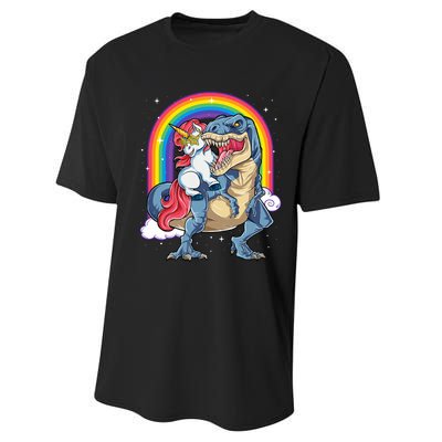 Unicorn Riding T Rex Dinosaur Rainbow Performance Sprint T-Shirt