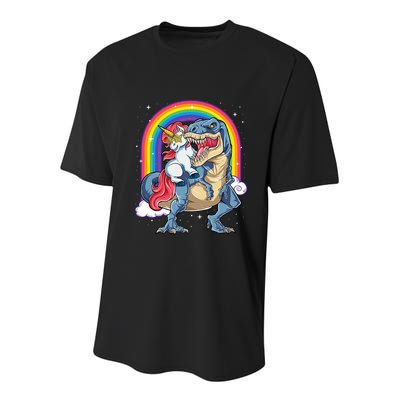 Unicorn Riding T Rex Dinosaur Rainbow Youth Performance Sprint T-Shirt