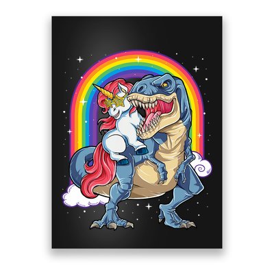 Unicorn Riding T Rex Dinosaur Rainbow Poster