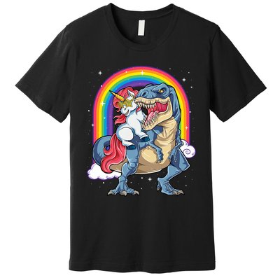 Unicorn Riding T Rex Dinosaur Rainbow Premium T-Shirt